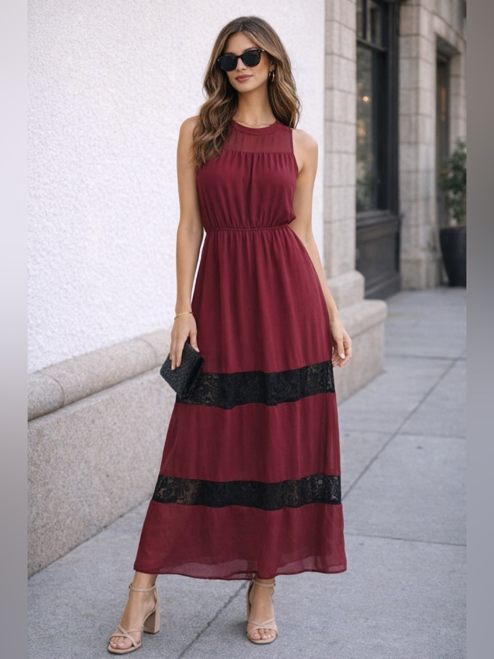 Freebird Burgundy Maxi Dress Lace Panel Sleeveless Boho Flowy Small